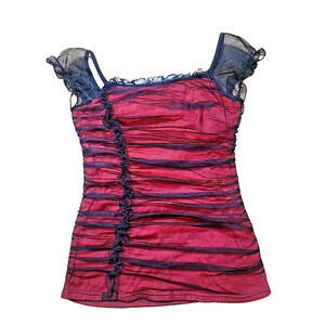 SEXY Soft Red See Thru Off Shoulder Black Chiffon Overlay  Ruch Side  L Made USA